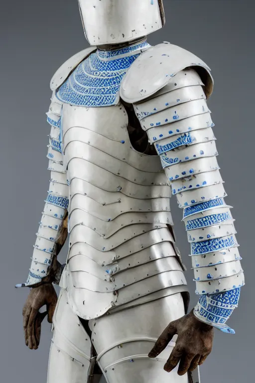 Image similar to Studio photograph of a suit of armor made of white porcelain with blue trim. 8k.