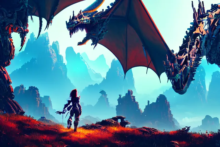 Image similar to dragon machine mecanical creature robot of horizon forbidden west horizon zero dawn bioluminiscence global illumination ray tracing hdr fanart arstation by ian pesty and alena aenami artworks in 4 k