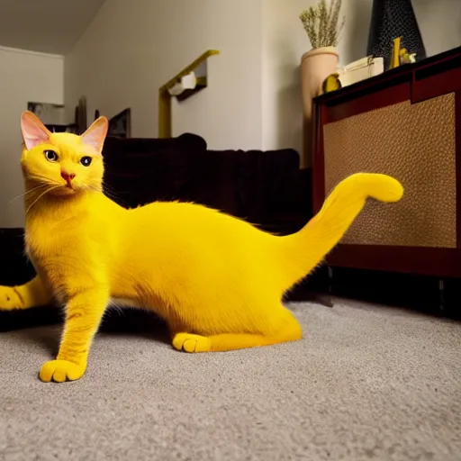 Prompt: cat in living room, cat wearing mustard yellow leisure suit, 7 0's decor, shag carpet, 4 k, 8 k, ultra detailed