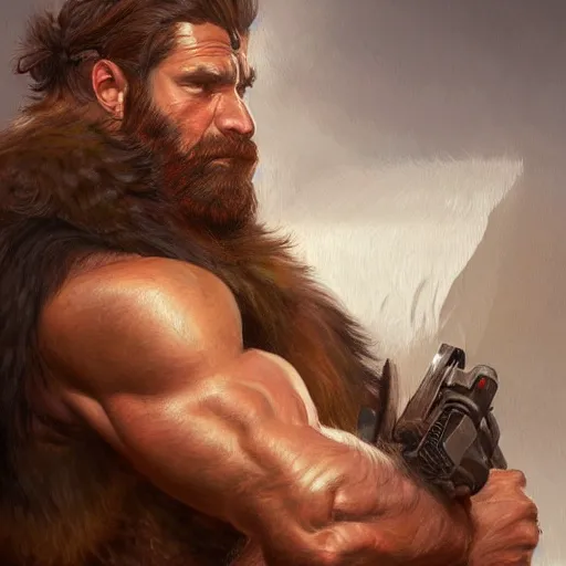 Prompt: portrait of a gruff ranger, Cain, muscular, hairy body, intricate, elegant, highly detailed, digital painting, artstation, concept art, matte, sharp focus, illustration, art by Artgerm and Greg Rutkowski and Alphonse Mucha