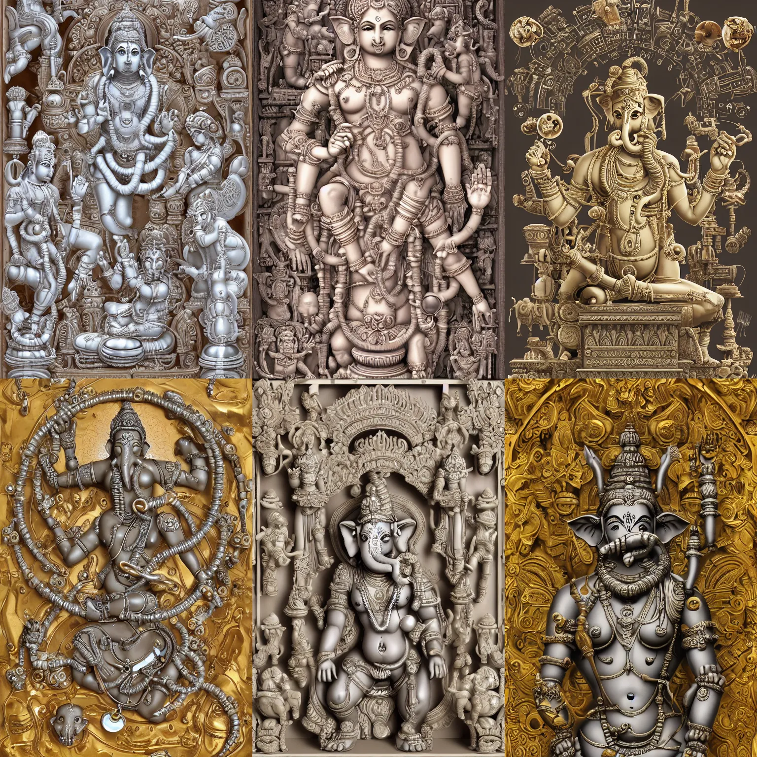 Prompt: epic Khajuraho, glossy Ganesha, Shiva, translucent, SSS, transparent, xray, vaporwave, flat shaped chrome relief, fossil, mechanic bionic fungus flower cyberpunk cats skeleton mechabot, maze, wires, joints, buttons, gears, dissection relief, by Lorenzo Ghiberti, by Goga Tandashvili, artstation, cgsociety, at Khajuraho, by jonathan ivy, by artgerm, by david lachapelle, shiny, plastic, 3d rendering, Hdri