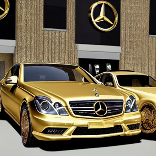 Image similar to an extremely luxurious golden mercedes adorned with diamonds