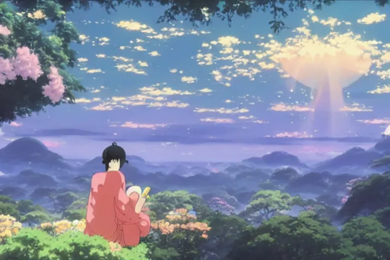 Image similar to painting of a dreamscape, a smiling bodhisattva in the foreground, otherworldly and ethereal by kazuo oga in the anime film by studio ghibli, screenshot from the anime film by makoto shinkai