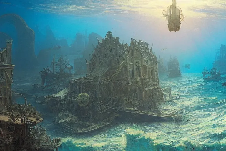 Image similar to a scenic view of the lost and abandoned city of Atlantic under water, ray of sunlight, shipwreck at the bottom of the sea, fish flocks, Greg Rutkowski, Moebius, Mohrbacher, Mucha, blue and gold color scheme, ultra wide angle, light effect