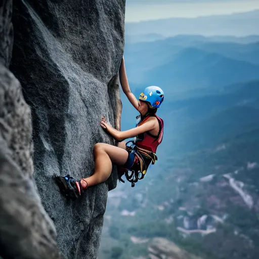 Prompt: high quality portrait of a teenage female rock climber, wearing jeans, 4k, cinematic, unreal engine