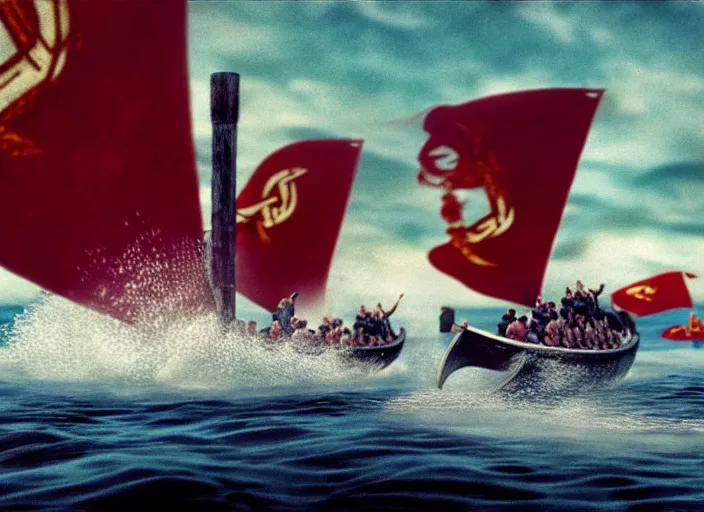 Image similar to photo of beautiful angry viking women in speed boats invading scottland, by richard corben by william eggleston by annie leibovitz, fujifilm velvia 5 0. masterpiece. intricate, hyper realism, high detail, octane render, unreal engine, 8 k, by katsuhiro otomo