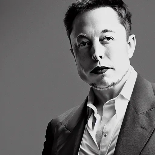 Prompt: a glamorous black and white portrait of elon musk with a hat, in the style of helmut newton