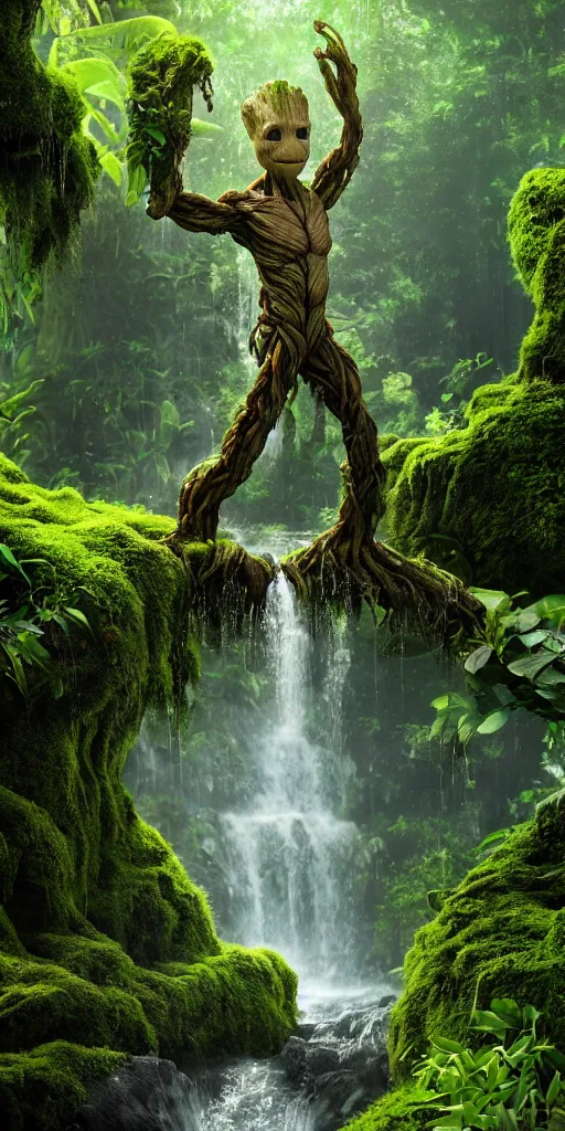 Image similar to photorealistic wide shot focus portrait of Groot posing, under waterfall, jungle, green moss, bokeh, octane render, unreal engine 4k, volumetric lighting, mist, detailed