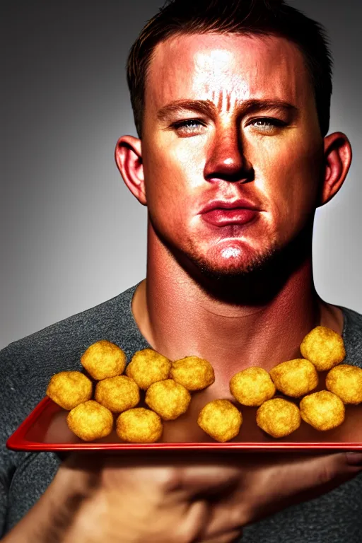 Image similar to a head shot of channing tatum as half human and a tater tot on a plate, tater tot face, ef 8 5 mm f 1. 8 usm, bionic scifi alexandre ferra, hyper detailed, digital art, trending in artstation, cinematic lighting, studio quality, smooth render, unreal engine 5 rendered, octane rendered