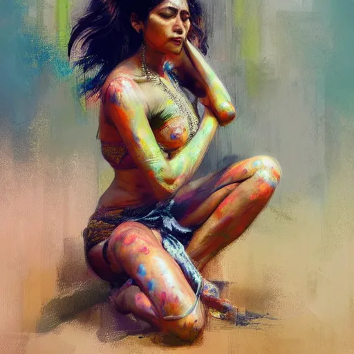 Image similar to a realistic hyperdetailed multi - colored digital oil full body portrait painting of a an indian woman sunbathing, beautiful, the style of guy denning, ruan jia, and craig mullins. trending on artstation and deviantart. cgsociety digital art.