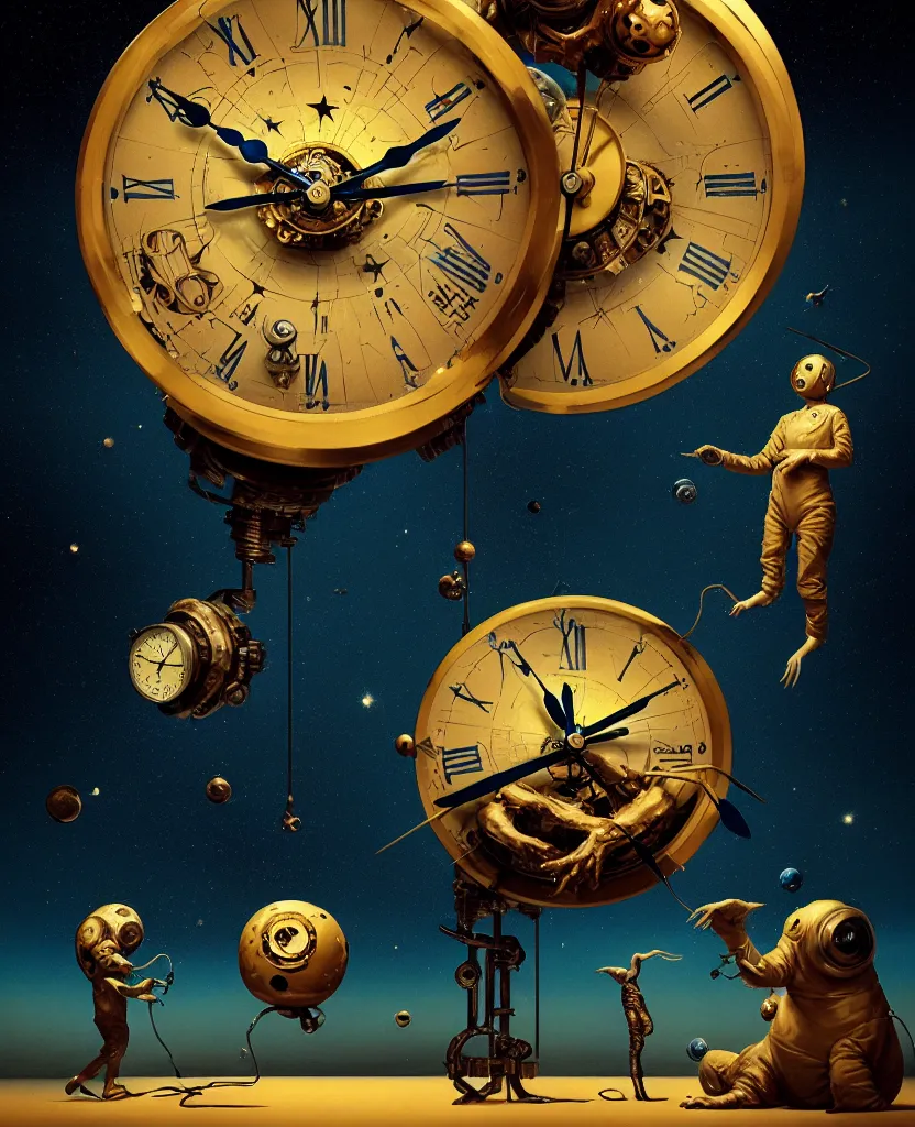 Prompt: duotone surreal illustration 3 / 4 portrait of chimeric monster measuring time on salvadore dali clock in outer space, dark starry background. golden ratio accidental renaissance. by sachin teng and sergey kolesov and ruan jia and heng z. graffiti art, scifi, fantasy, hyper detailed. octane render. concept art. trending on artstation