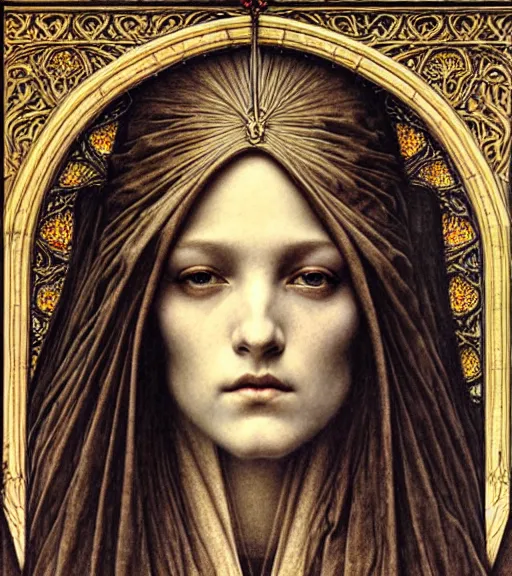 Image similar to detailed realistic beautiful young medieval queen face portrait by jean delville, gustave dore and marco mazzoni, art nouveau, symbolist, visionary, gothic, pre - raphaelite. horizontal symmetry