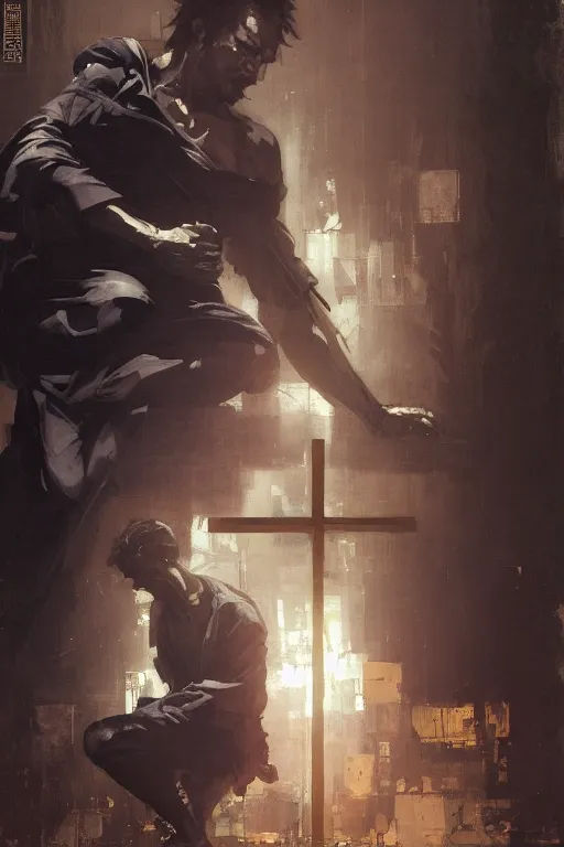 Prompt: man kneeling at the foot of a wooden cross, dramatic lighting art by Yoji Shinkawa by Richard Schmid by greg rutkowski by Sandra Chevrier by Jeremy Lipking cinematic dramatic, by frank miller, illustration by Ruan Jia and Mandy Jurgens and William-Adolphe Bouguereau, Artgerm, 4k, digital art, surreal, space dandy style, highly detailed, godsend, artstation, digital painting, concept art, smooth, sharp focus, illustration by Ruan Jia and Mandy Jurgens and William-Adolphe Bouguereau, Artgerm