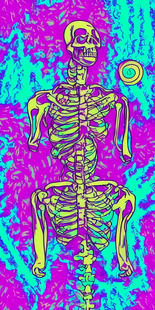 Image similar to vaporwave skeleton with psychedelic background