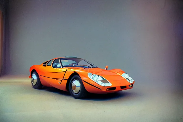 Image similar to stylized poser of a single 1973 Citroen DM Miura ((McLaren F1)), thick neon lights, ektachrome photograph, volumetric lighting, f8 aperture, cinematic Eastman 5384 film