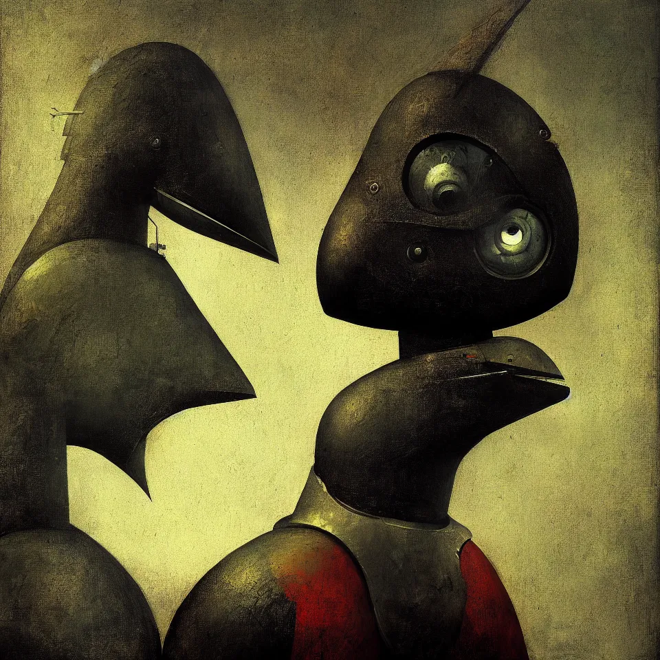 Image similar to robot bird, by hieronymus bosch, oil paint, portrait of a robotic bird by ben templesmith, portrait, cinematic, epic composition, digital painting, digital art, masterpiece