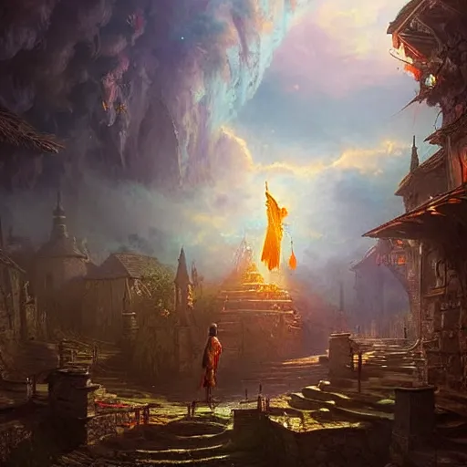 Image similar to wizard casting a powerful spell on a village, beautiful composition, wide angle, colorful, cinematic, volumetric lighting, intricate details painting, by art germ, by greg rutkowski