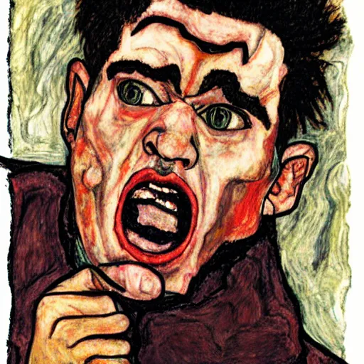 Prompt: angry morrissey yelling, by egon schiele, firelight, by rob liefeld