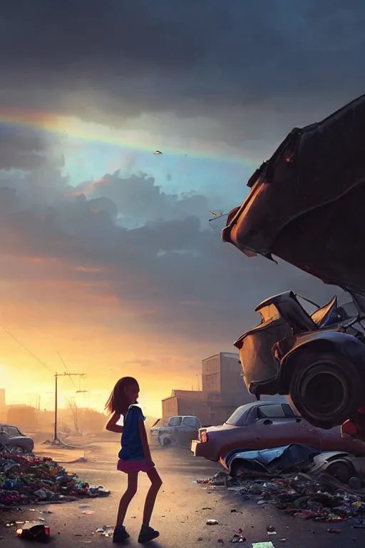 Image similar to teenage girl in mini short with backpack looking at food at garbage dump, destroyed cars, city is pure wasteland, moody sunset background, rays of sunlights, ( ( ( rainbow ) ) ), high details, sharp, photorealism, cinematic, greg rutkowski, artgerm, unreal engine, highly detailed