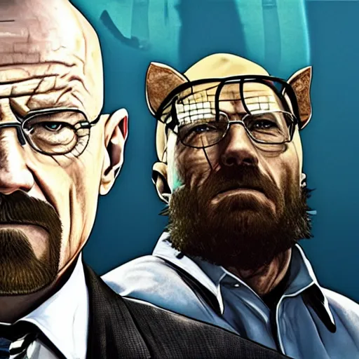 Prompt: walter white on the gta 5 cover art.