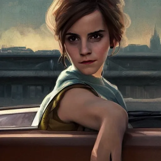 Prompt: Emma Watson as a car in the Pixar movie Cars, highly detailed, digital painting, artstation, concept art, sharp focus, illustration, art by greg rutkowski and alphonse mucha