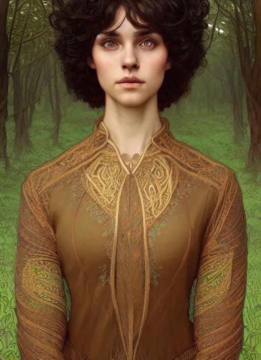 Prompt: symmetry portrait of welsh brunette student in mans tunic, tomboy, short hair, forest, intricate, elegant, highly detailed, digital painting, artstation, concept art, smooth, sharp focus, illustration, art by artgerm and greg rutkowski and fra angelico and alphons mucha