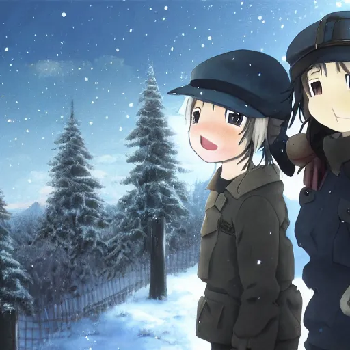 Prompt: Yuuri and Chito from the anime Girls Last Tour by tsukumizu, winter landscape, post-apocalyptic, Danbooru, anime, HD wallpaper, detailed, digital art
