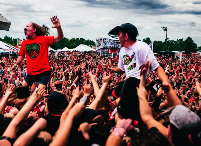 Prompt: photo still of gallagher at vans warped tour!!!!!!!! at age 4 5 years old 4 5 years of age!!!!!!! throwing watermelons at a crowd, 8 k, 8 5 mm f 1. 8, studio lighting, rim light, right side key light