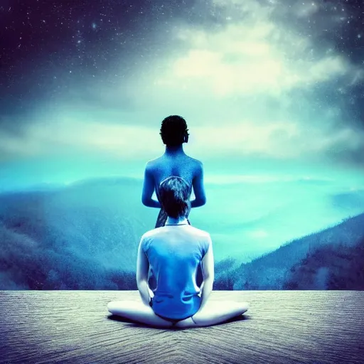 Prompt: a moment of introspection, fantasy, simple, serence, beautiful, meditation, calm, blue