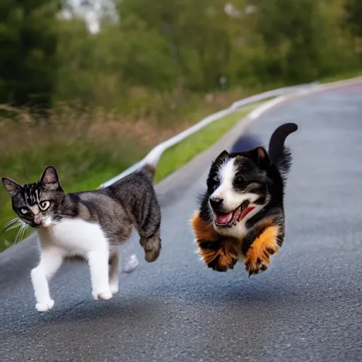 Prompt: cats and dogs race in cars