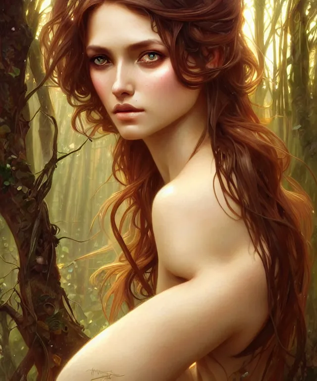 Image similar to Forest nymph woman portrait, amber eyes, face, long hair, fantasy, intricate, elegant, highly detailed, digital painting, artstation, concept art, smooth, sharp focus, illustration, art by artgerm and greg rutkowski and alphonse mucha