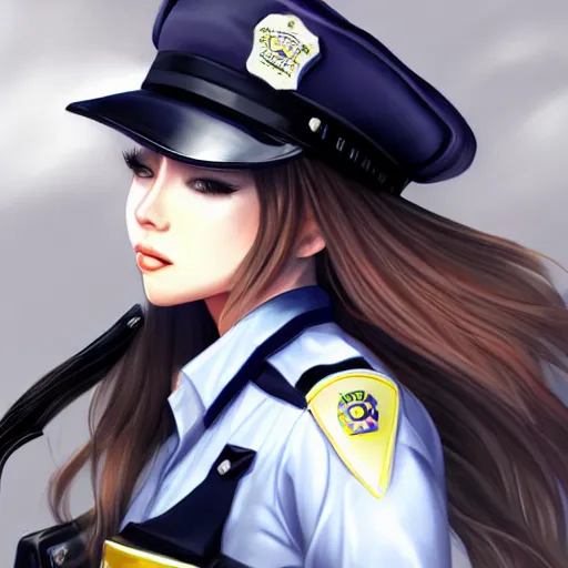 Image similar to a beautiful woman wearing police uniform, blonde, long hair, pixiv, hyperrealistic