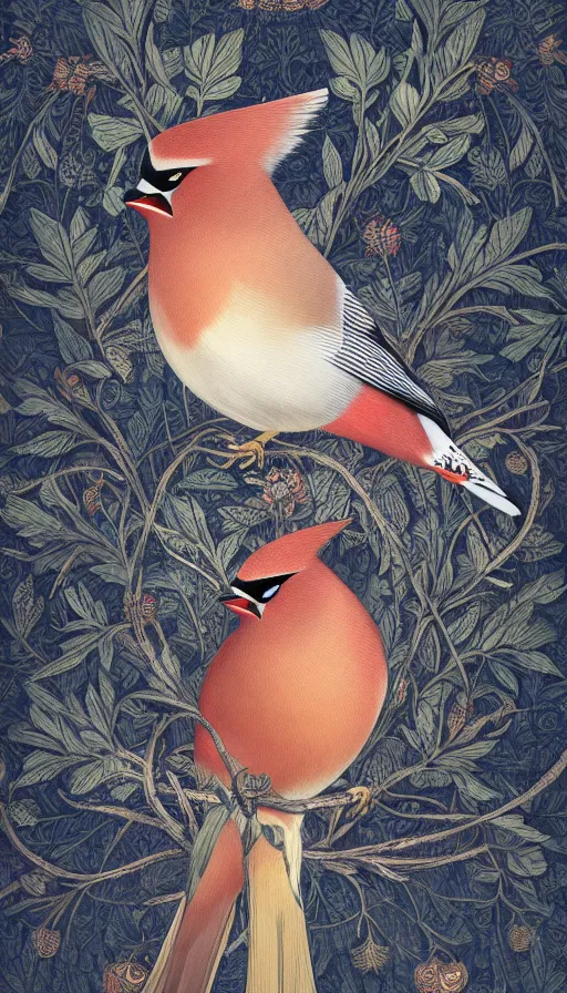 Image similar to ethereal bohemian waxwing bird, bombycilla garrulus + intricate details, ornate, detailed illustration, octane render + johanna rupprecht style, william morris style + trending on artstation.