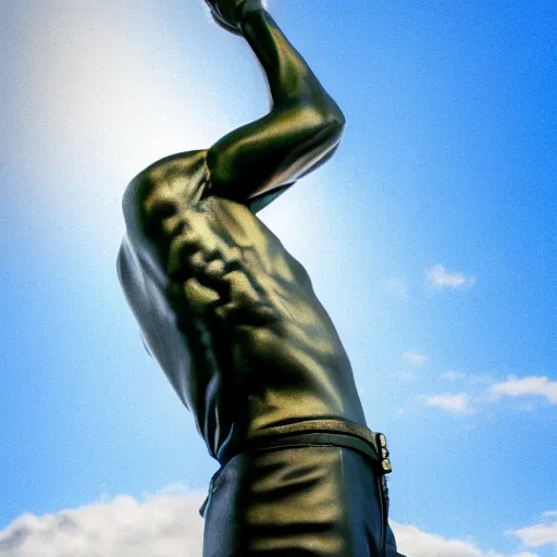 Prompt: Bronze sculpture of Freddie Mercury on the sky. Minimalism, high definition, 8k, High detail, perfect composition. Volumetric Lighting.