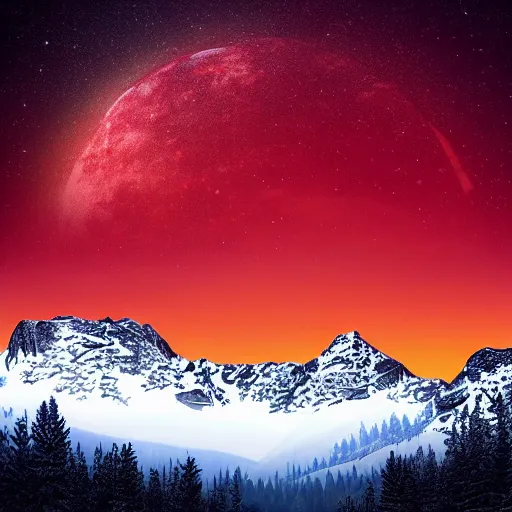 Prompt: A heavily-forested valley surrounded by snow-capped mountains at night, a red nebula and orange gas giant with rings in the sky, no clouds, sci-fi, photorealistic, landscape