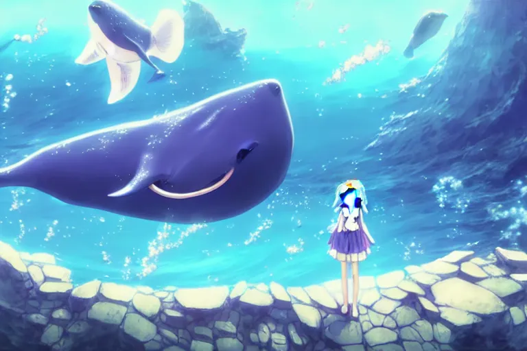 Prompt: a panorama distant view under the water, underwater world, anime art full body portrait character concept art, hyper detailed cg rendering of a cute girl and whale, anime key visual of violet evergarden, finely detailed perfect face, style of raphael lacoste, makoto shinkai, violet evergarden, studio ghibli, james jean, hayao miyazaki, extremely high quality artwork