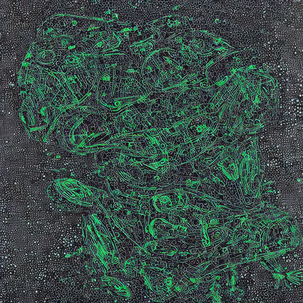 Image similar to toads, big toad, mechanical artwork, technical, abstract, acrylic, oil, circuit board, clay, lines, vektroid, dots, drips, dimensions, tears, leaks, glitches, geometry, data, datamosh, motherboard, minimal, vinyl, code, cybernetic, painting, dark, eerie, cyber