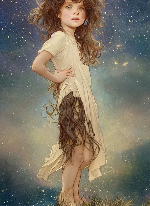 Image similar to A cute little girl with shoulder length curly brown hair. She is standing in a field at night looking up and the sky is filled with constellations. beautiful fantasy art by By Artgerm and Greg Rutkowski and Alphonse Mucha, trending on artstation.