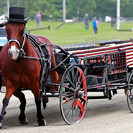 Image similar to amish horse pulled buggy in a nascar race, side drafting