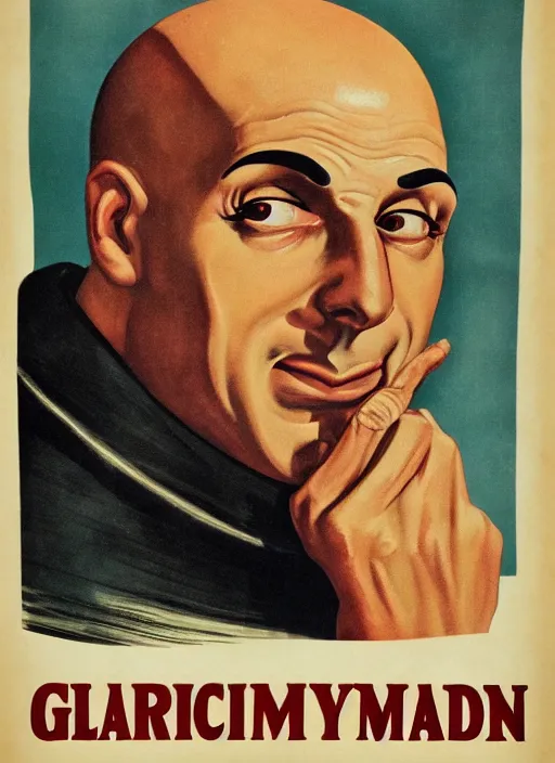 Prompt: portrait of glamorous bald medieval man with big nose and annoyed gesture, 1940s propaganda poster, full hd,highly detailed