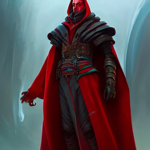 Prompt: painting of a wicked cool baron in a red cloak, fantasy, artstation, cgsociety, ultra high detail, stylized