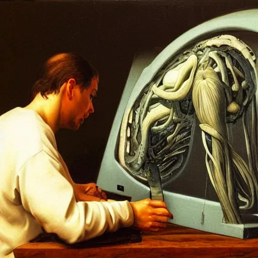 Prompt: masterpiece painting of a 3d artist sad, crouched and desperate looking at the a computer screen with 3d anatomical model of a lung, oil on canvas, renaissance