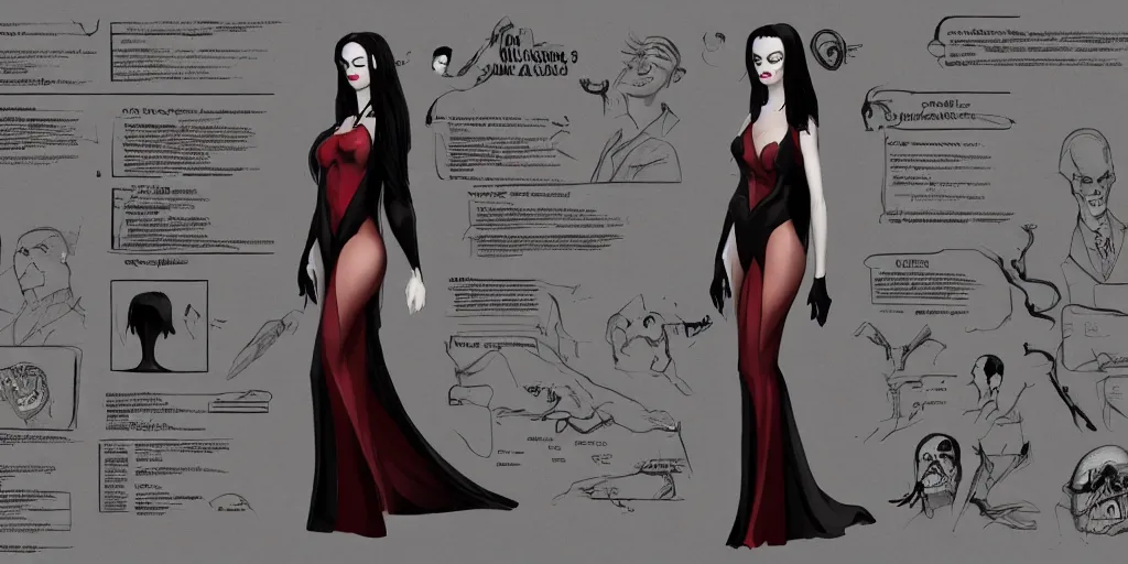 Image similar to morticia addams, character sheet, concept design, contrast, kim jung gi, greg rutkowski, zabrocki, karlkka, jayison devadas, trending on artstation, 8 k, ultra wide angle, pincushion lens effect