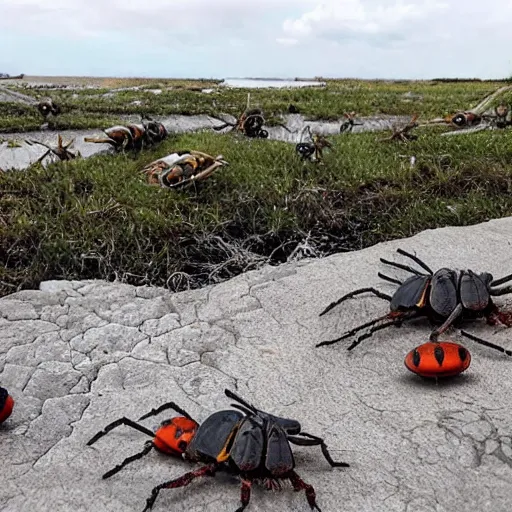 Image similar to giant wasps that are attacking crabs, hellish landscape, thunderstorm