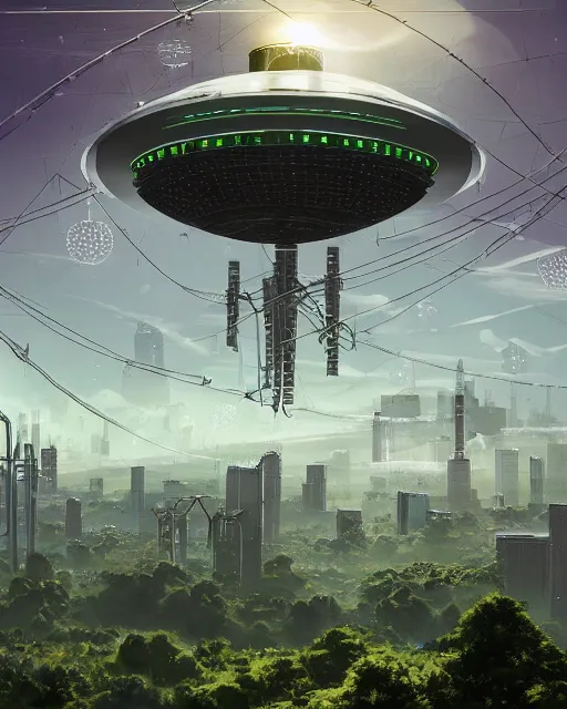 Image similar to solarpunk vehicle above a city, scifi, futuristic, bright light, highly detailed, concept art, green plants, research complex, school, white building, drones, solar panels, flowers, utopia, sharp focus, trending on artstation, intricate, atmosphere, raining, art by roman makarenko, dzung phung dinh