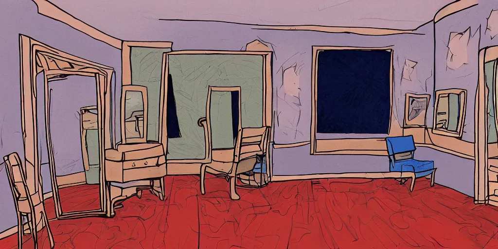 Image similar to a dimly lit, theater dressing room, with a mirror, a chair, a couch, day of the tentacle style, drawn by Peter Chan, 5 point perspective