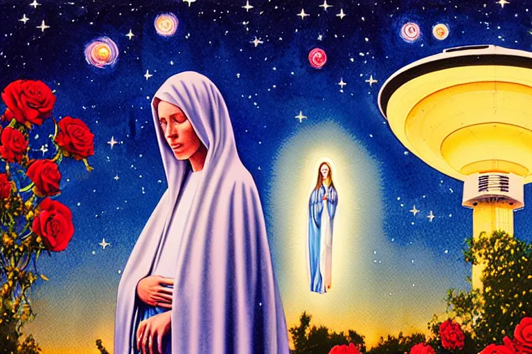 Prompt: a hyperrealist watercolour character concept art portrait of the virgin mary on well lit starry night in las vegas, nevada. a ufo is in the background. roses adorn. by michael kaluta, charles vess and jean moebius giraud