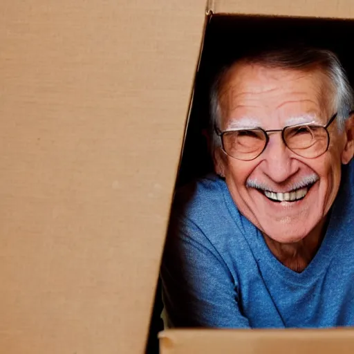 Image similar to an smiling old man peeking through a cardboard box