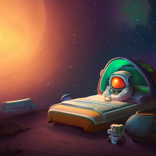 Image similar to tiny astronaut sleeping in bed on moon, time machine, ice, bioluminescence, vegetation, colorful, rim light, highly detailed, tilt shift, digital painting, concept art, smooth, sharp focus, pleasing aesthetics, 3 d render, octane render, disney pixar, 4 k