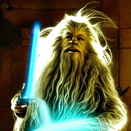 Image similar to gandalf as chewbacca, hair dryer commercial, hair dryer advertisement